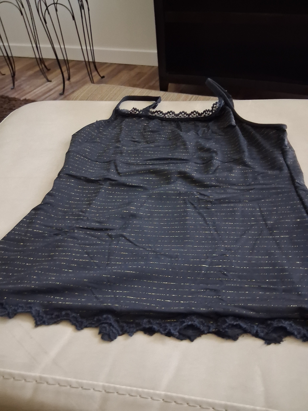 Women's Black Lace-Trim Chemise with Subtle Metallic Stripes